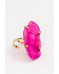 Anel Ajustável Chapa de Ágata Rosa Banhado Ouro