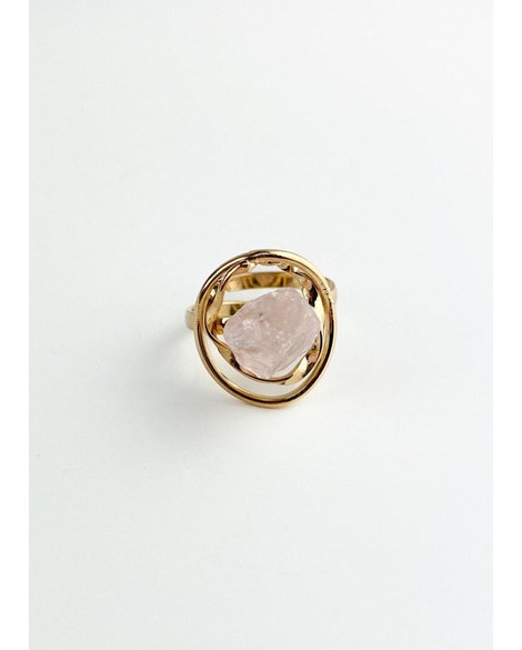 Anel ajustável Pedra Natural Quartzo Rosa banhado Ouro 18K