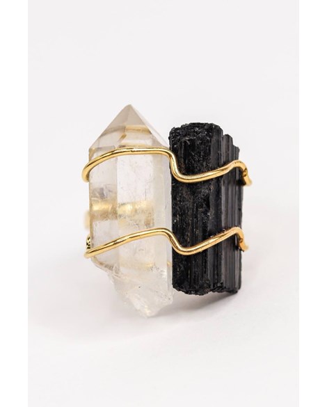 Anel Cristal de Quartzo com Turmalina negra ajustavel banho ouro