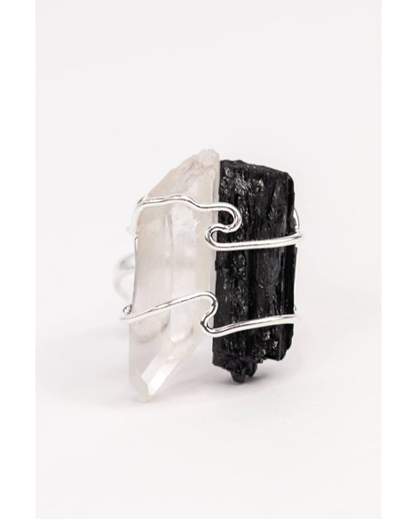 Anel Cristal de Quartzo com Turmalina negra ajustavel banho prata