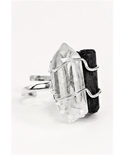 Anel Cristal de Quartzo com Turmalina negra ajustavel banho prata
