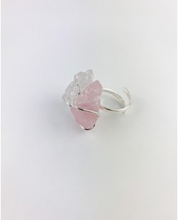 Anel Quartzo rosa com Cristal ajustável banho prata