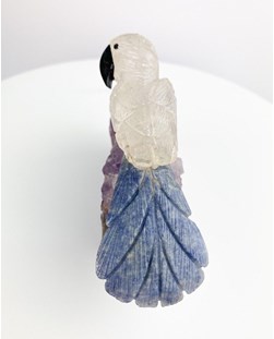 Arara de Quartzo Cristal com Quartzo Azul Bico Ônix na Base Drusa de Ametista