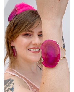 Bracelete Chapa de Ágata Rosa Banho Ouro