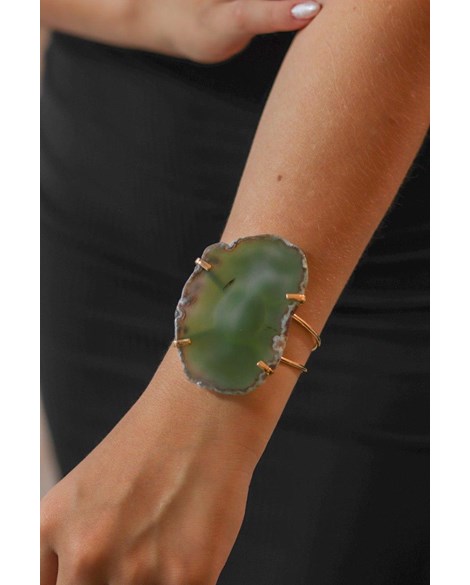 Bracelete Chapa de Ágata Verde Banhado Ouro