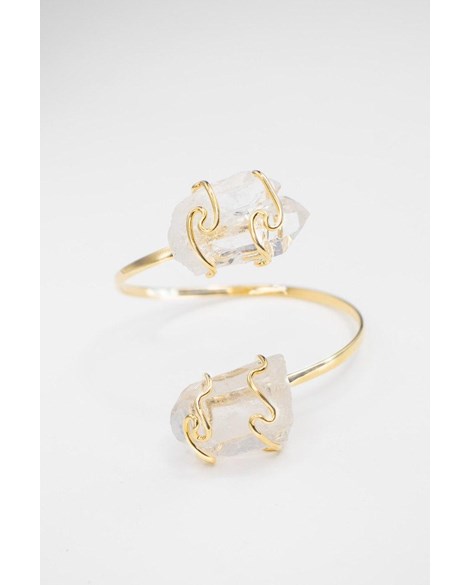 Bracelete duo ponta Cristal de quartzo envolto banho ouro