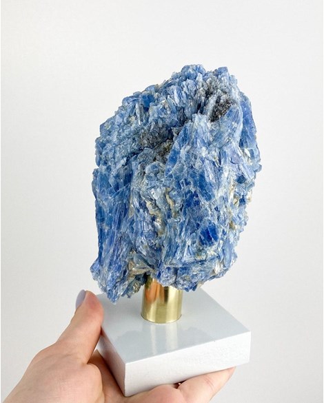 Pedra Cianita Azul Bruta Na Base de Madeira Branca 915 a 929 gramas
