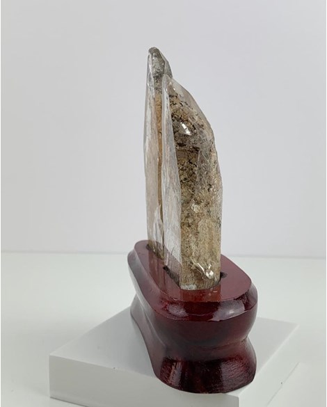 Pedra Cristal de Quartzo com Inclusão na Base Madeira Marrom