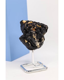 Pedra Turmalina Negra Bruta na Base Metal Prateada 522 gramas