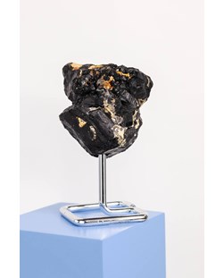 Pedra Turmalina Negra Bruta na Base Metal Prateada 522 gramas