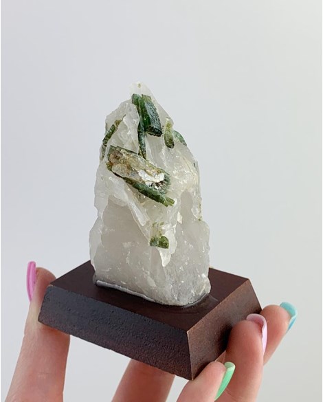 Pedra Turmalina Verde no Quartzo na Base de Madeira Preta 175 a 235 gramas