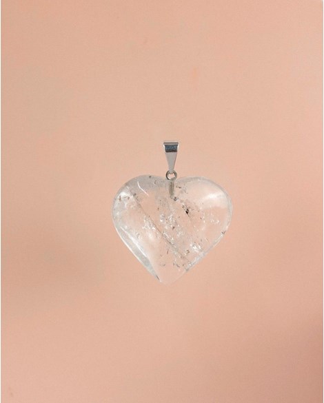 Pingente Cristal de Quartzo Coração com pino banhado Prata