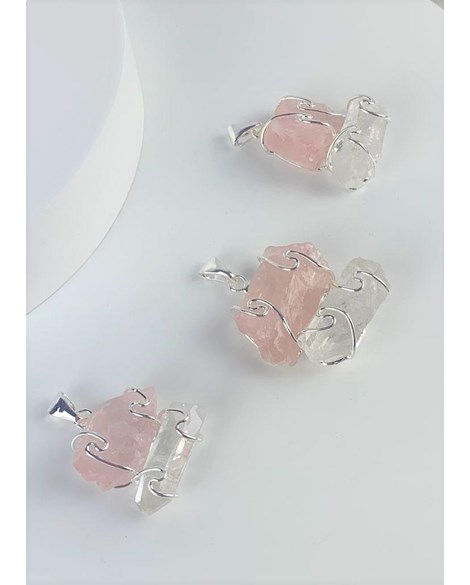 Pingente duo Cristal com Quartzo rosa bruto banho prata